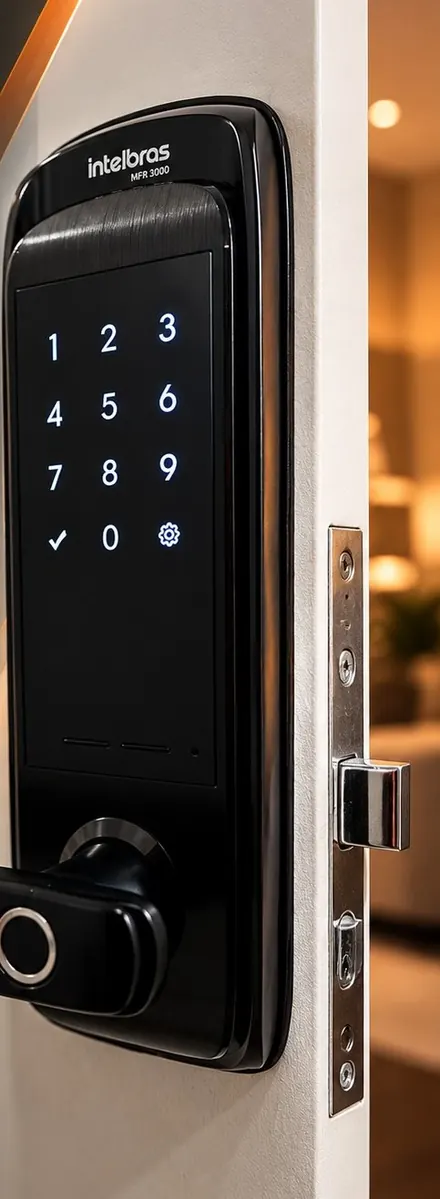 Fechadura eletrônica com teclado e biometria instalada em porta